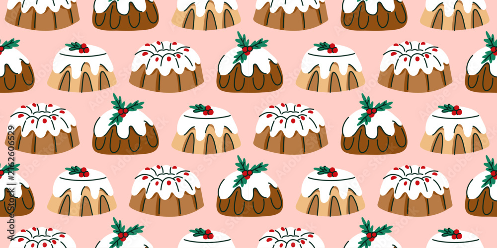 Obraz premium Seamless Christmas Pudding Pattern with Traditional Holiday Cakes Hand Drawn Festive Dessert Print for Wrapping Paper, Textile, Fabric, Packaging and Seasonal Decor