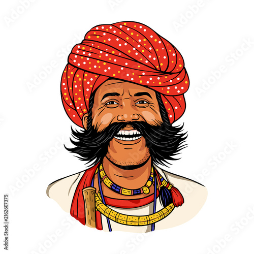 Quadro su tela Traditional Indian Man Wearing Red Turban and Mustache, Cartoon Vector Illustration