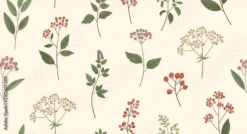 Seamless vintage botanical pattern with herbs and berries on cream background