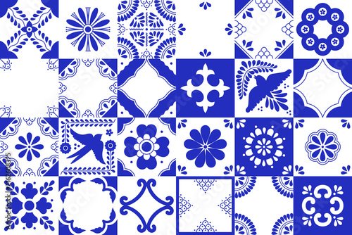 Set of traditional mexican talavera tile patterns. Blue and white ceramic art from Puebla. Mediterranean geometric ornament with flowers, leaves, swirls, bird motifs. Vector background.