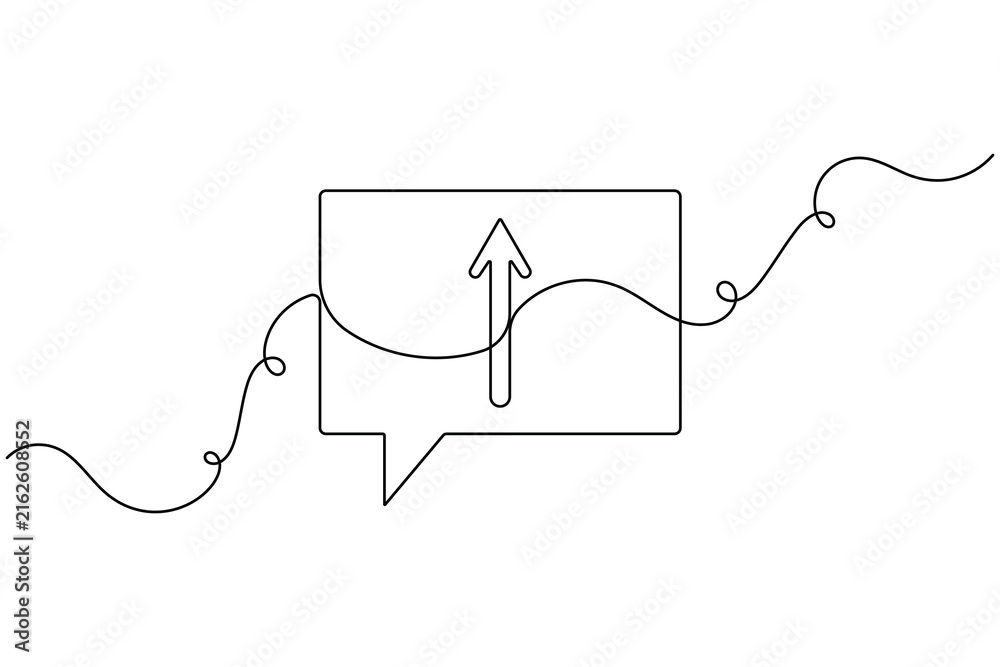 Obraz premium Modern chat speech bubble frame with up arrow icon sign continuous one line drawing on white background minimalist single art social media and message share symbol editable outline vector illustration