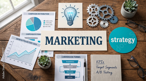 Marketing strategy elements including charts, gears, and lightbulb illustration, symbolizing business planning and innovation.