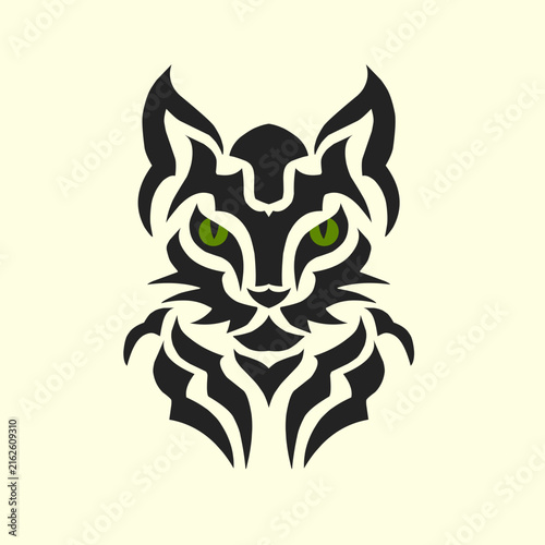 Tribal wild cat mascot illustration with glowing green eyes and sharp black patterns