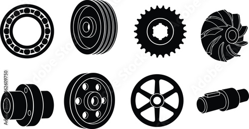 Set of mechanical component silhouettes including ball bearing, pulley, sprocket gear, impeller, coupling, flywheel, wheel, and shaft