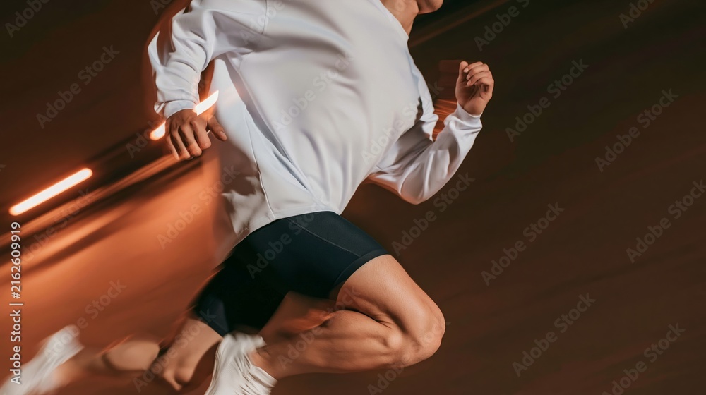Fototapeta premium Male runner moving fast, training in an urban tunnel with blurred lights, depicting speed, determination, and fitness goals