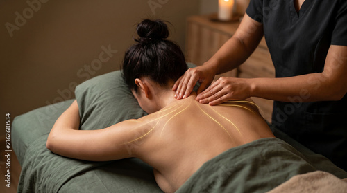 Person receiving therapeutic massage with glowing lines representing energy flow, symbolizing healing, relaxation, and rejuvenation in a spa setting