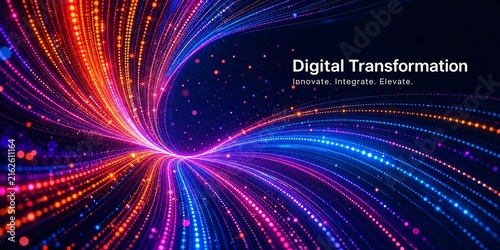 Spectacular Digital Transformation Data Vortex With Radiant Multicolor Neon Streams, Glowing Particles and Spiraling Light Trails Creating a Futuristic Technology Background