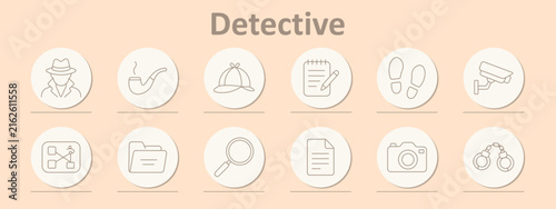Detective set icon. Detective figure, smoking pipe, deerstalker hat, notepad pencil, footprints form, security camera, network diagram, folder stack, magnifying glass, document page, photo camera