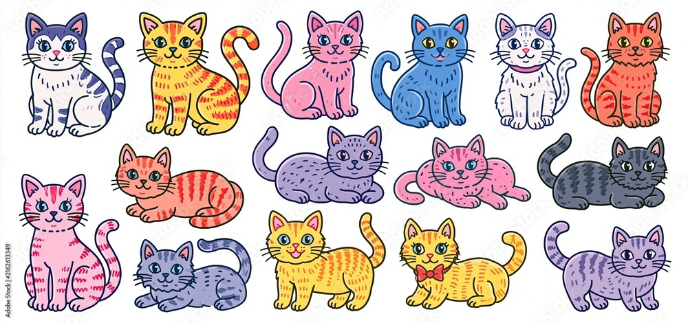 Obraz premium Vibrant cat illustrations showcasing joyful expressions and lively poses on a crisp white backdrop for animal-themed products.