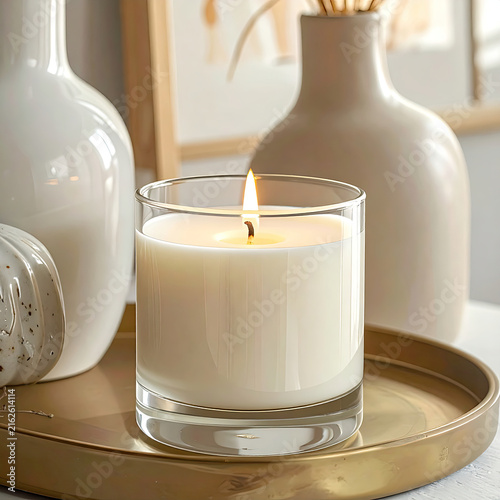 Elegant Candle in Glass Holder with Decorative Vases on Tray
