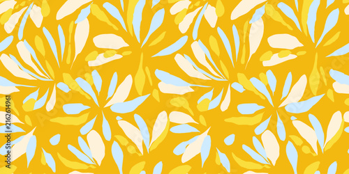 Seamless abstract botanical pattern with stylized leaves in white and light blue on a vibrant yellow background. Fresh modern repeat for textiles, wallpaper, packaging and branding