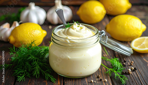 Creamy mayonnaise in glass jar with fresh lemons and garlic