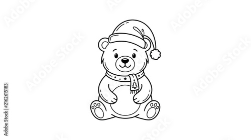 Cute cartoon bear wearing Christmas hat and scarf