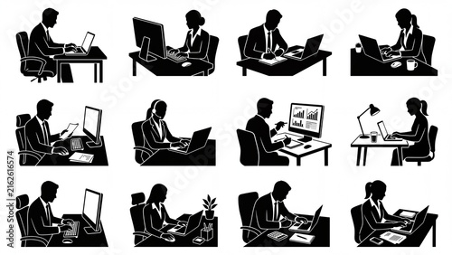 Set of diverse business people silhouettes working at desks with computers and laptops ideal for illustrating modern office productivity and remote work
