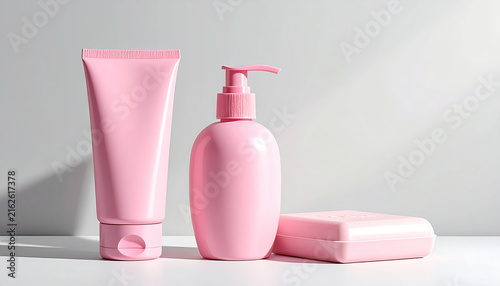 Pink Skincare Products Set with Lotion Bottle and Soap Bar