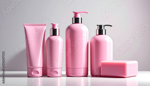 Pink Skincare Bottles and Soap Bar on White Surface