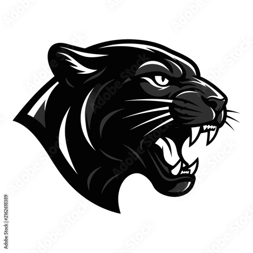 Photography Fierce black panther head illustration with open mouth and sharp teeth side view