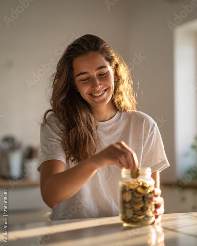 Smiling Woman Putting Savings Into Coin Jar