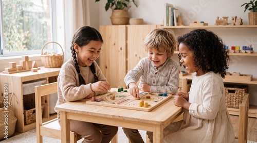 three children playing a board game