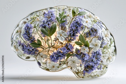 transparent glass human brain filled with blooming lavender, white flowers, fresh green leaves and delicate botanical elements 