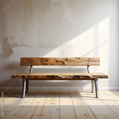 Empty Wooden Bench in Minimalist Room with Natural Light