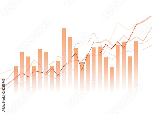 Upward trending financial graph with orange vertical bars and red line chart overlay on clean white backdrop.