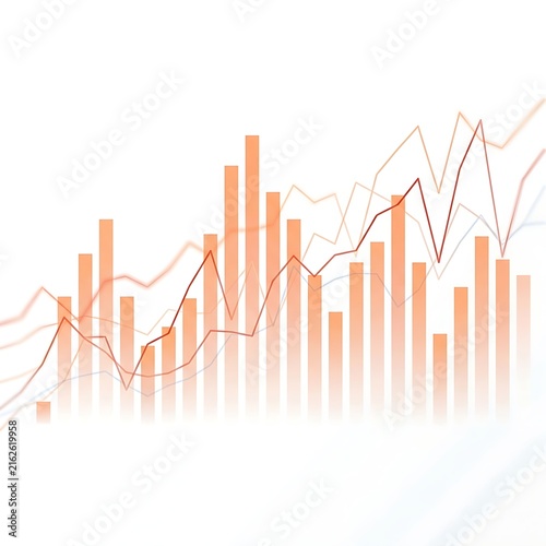 Financial stock market growth chart with orange bar graph and red trend lines on bright background.