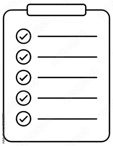 Simple black line of a clipboard with a checklist containing five with checkmarks, representing task completion and status