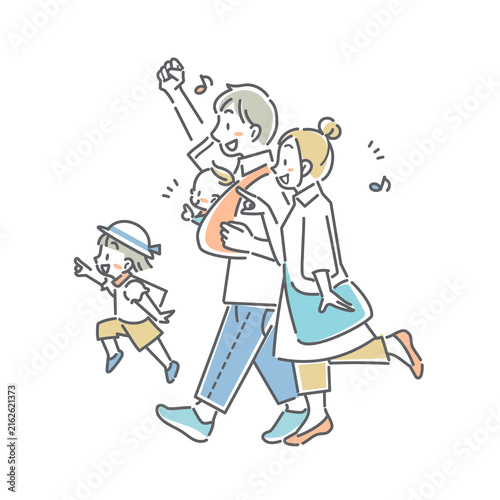 Young family enjoying an outing – simple, cute line art illustration