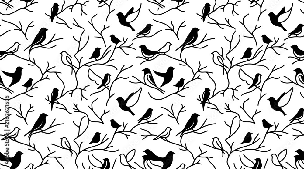Fotografie Birds on Branches Pattern Isolated