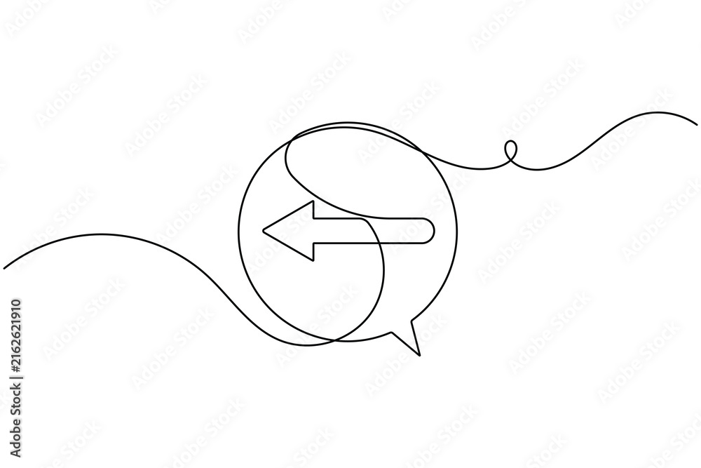 Obraz premium Left arrow inside a chat speech bubble icon sign continuous one line drawing on white background minimalist single art share of comment and post reply symbol editable outline vector illustration