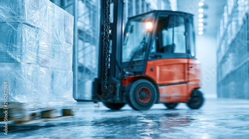 Orange forklift moving wrapped pallets in a modern industrial warehouse with blue lighting.