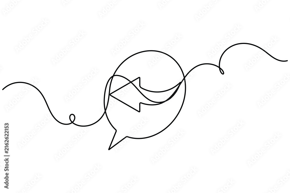 Obraz premium Left arrow inside a chat speech bubble icon sign continuous one line drawing on white background minimalist single art share of comment and post reply symbol editable outline vector illustration
