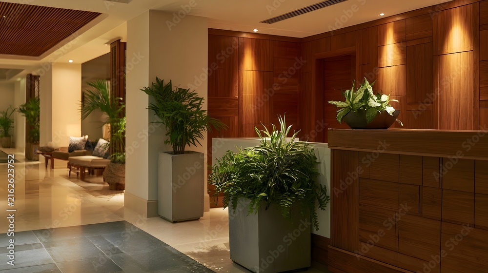 Fototapeta premium Modern wooden reception area with potted plants and warm ambient lighting in a luxury hotel lobby