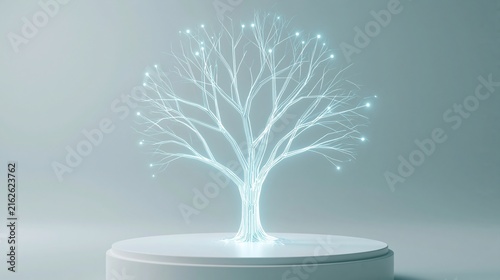 Glowing holographic tree structure with illuminated branches standing on a white circular platform against a soft blue background.