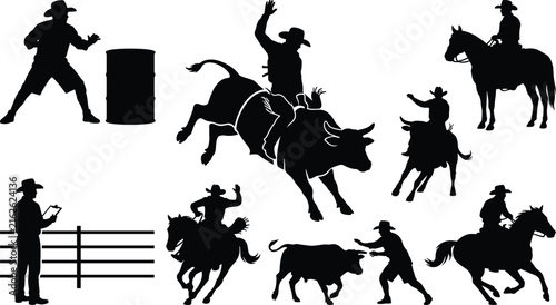 Bild auf Leinwand Collection of western rodeo silhouettes featuring cowboys riding bucking bulls a