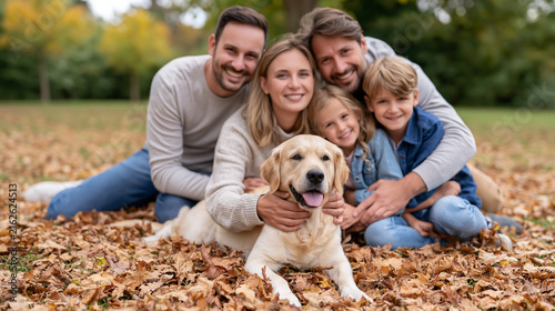 Portrait of an attractive smiling European family gathered closely in a clean autumn park with their beloved dog, soft coordinated casual clothes and bright foliage in the background,