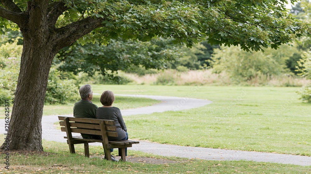 Fototapeta premium Elderly couple sitting together on a wooden park bench under a large tree overlooking a winding path and green grassy field
