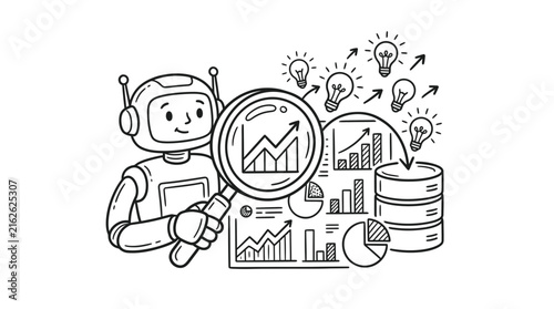 Robot inspector uses a magnifying glass to analyze financial charts near a database tower and lightbulbs.