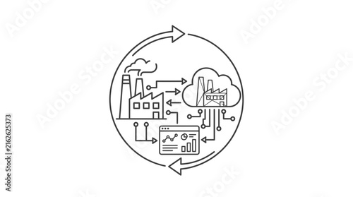 Industrial cloud computing diagram shows smart manufacturing process connection.