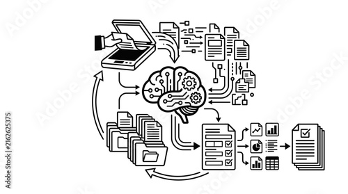 Hand using a scanner digitizes documents into structured artificial intelligence reports.