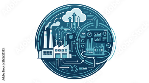 Smart factory emblem depicts industrial automation and integrated cloud computing.