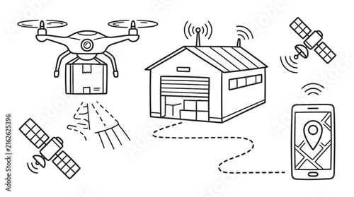 Delivery drone and warehouse graphics represent modern supply chain logistics.