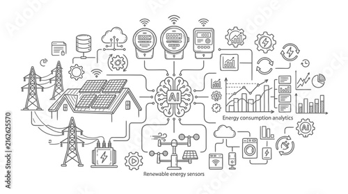 Renewable energy diagram illustrates artificial intelligence managing power grid and solar consumption.