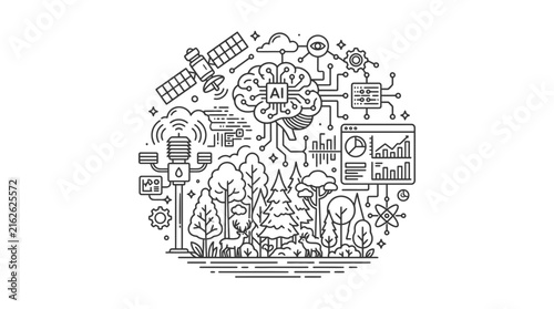 Artificial intelligence diagram depicts environmental monitoring with nature and technology icons.