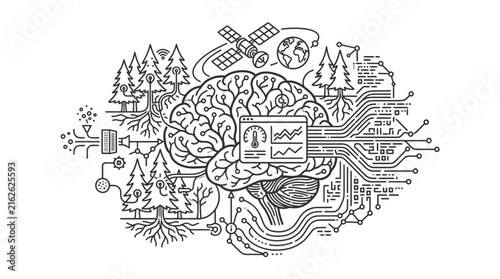 Human brain illustration integrates forest ecology with digital circuit data analysis.