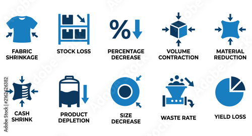 Set of blue icons showing various types of shrinkage and reduction processes for business and industrial use Minimal solid fill icon set bundle collection. Editable Vector Illustration Mega pack