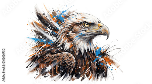 Majestic Bald Eagle Head Watercolor Splash Illustration with Dynamic Paint Strokes Vibrant Wildlife Artwork isolated on white background