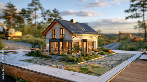 Elegant 3D architectural house model standing on a large development master plan with roads  property boundaries and green zones clearly visible  placed on a rustic outdoor planning table overlookin