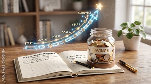 Financial growth and savings goal planning with investment progress chart